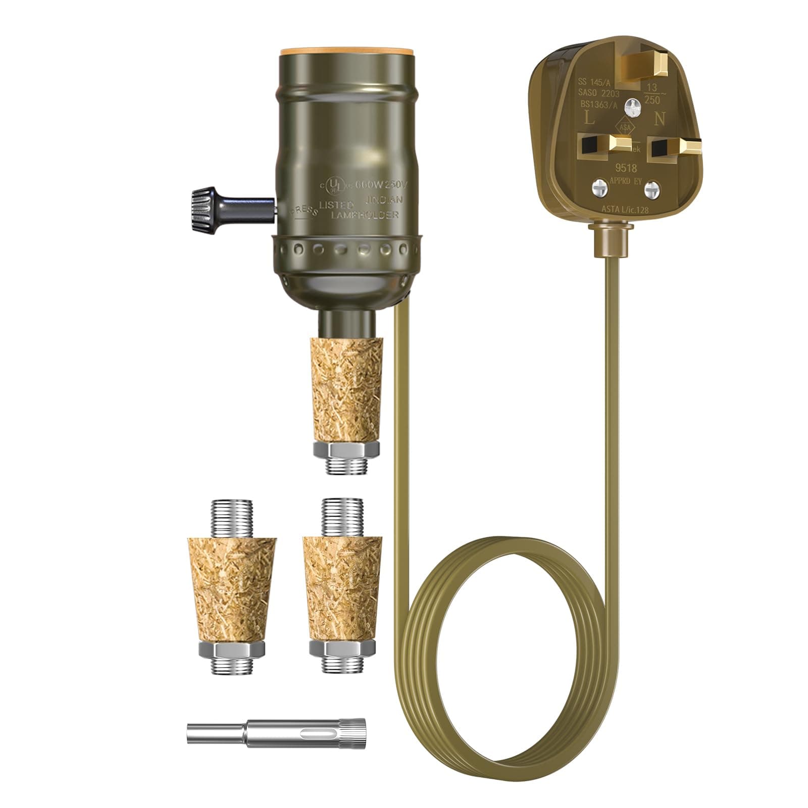 Lamptobe Bottle Lamp Kit Do It Yourself UK, 60W E27 Lamp Holder DIY Lamp Kit with Drill Bit and Corks, Antique Brass Rustic Lamp Fittings Kit for Table Lamp, Bottle Lamp, 1-Pack