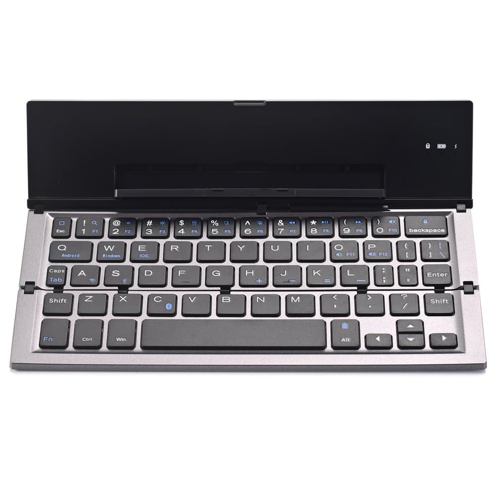 HoMei Foldable Bluetooth 3.0 Keyboard Ultra-Slim Portable Wireless Keyboard with Stand Holder for iPad, iPhone, Smartphones, Tablets, Android, Windows, iOS, Built-in Battery, Aluminum, Gray