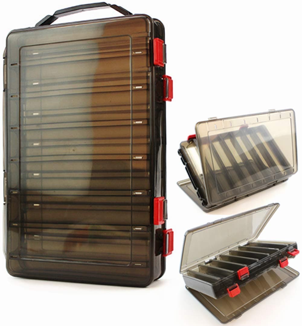 Double-Sided Fishing Lure Hook Tackle Box Visible Hard Plastic Clear Fishing Lure Bait Squid Jig Minnows Hooks Accessory Storage Case Container (Brown 14 Slots)