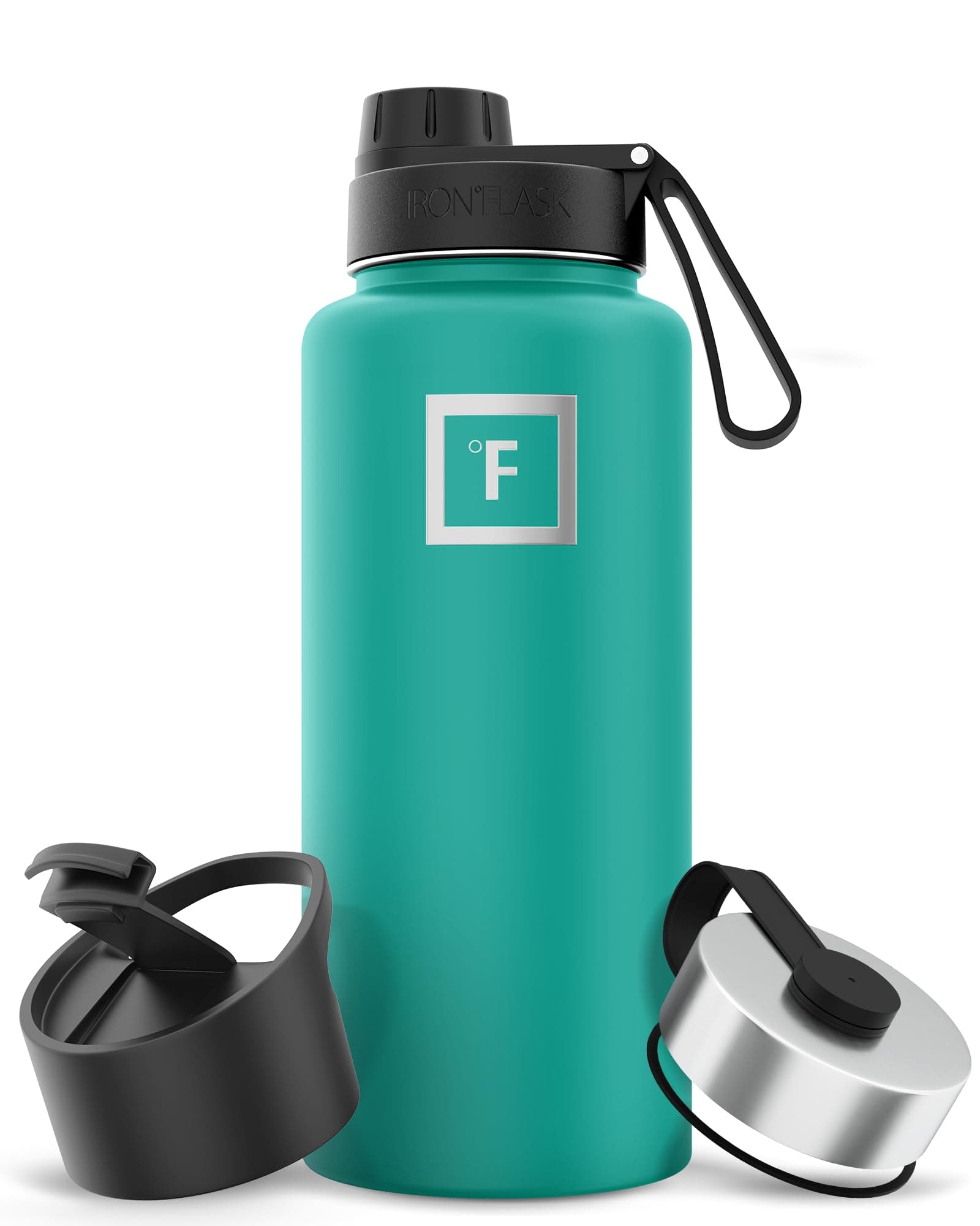 IRON °FLASK Camping & Hiking Hydration Flask with 3 Lids - Stainless Steel, Double Walled & Vacuum Insulated Water Bottle - Leak Proof & BPA Free (Aquamarine, Spout - 32 oz)