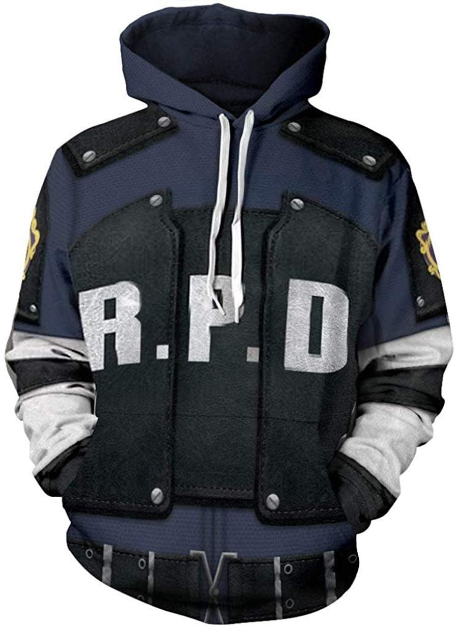 Leon Jacket Hoodie 3D Printed RPD Zip Up Hooded Pullover Sweatshirt Halloween Cosplay Costume (XX-Large, Navy Blue)