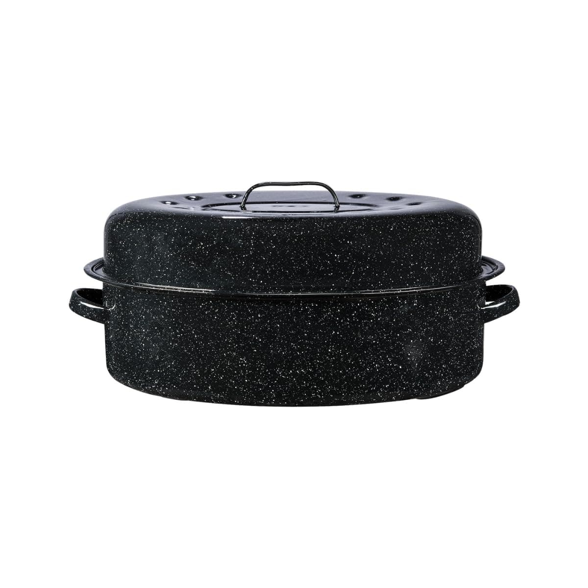 19-Inch Covered Oval Roaster, 20 Lb Capacity - Enamel Steel Cookware, Dishwasher Safe & PFOA-Free, Even Heat Distribution for Roasting Poultry, Meat, or Vegetables (Speckled Black)