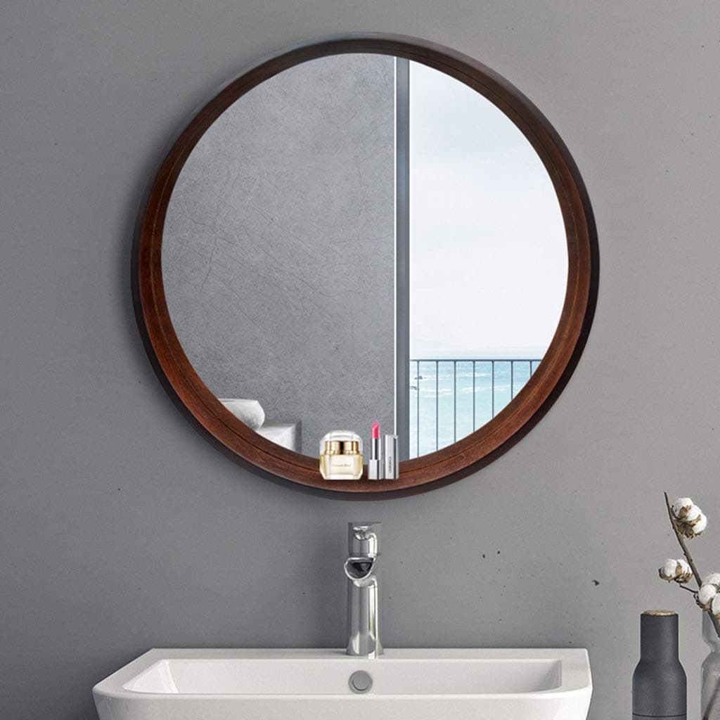 LQY Bathroom Mirror Solid Wood Round Vanity Mirror Bathroom Simple with Frame Mirror Oval Mirror Wall Hanging Decorative Mirror Round Mirror,Brown,5050CM
