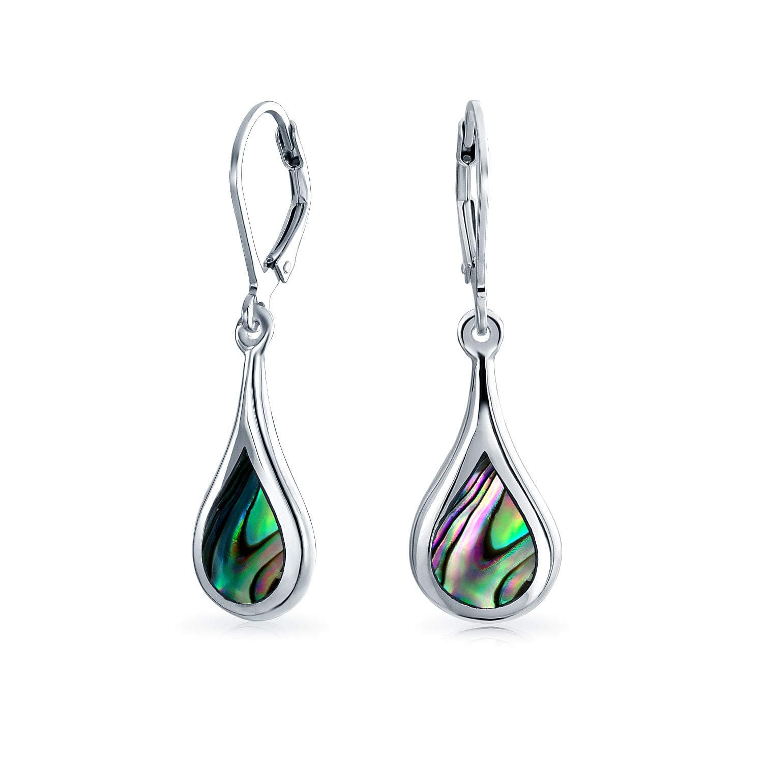 Geometric Iridescent Rainbow Natural Abalone Shell Natural Square Oval Rain Drop Long Teardrop Dangle Earrings For Women Teen .925 Sterling Silver Lever Back