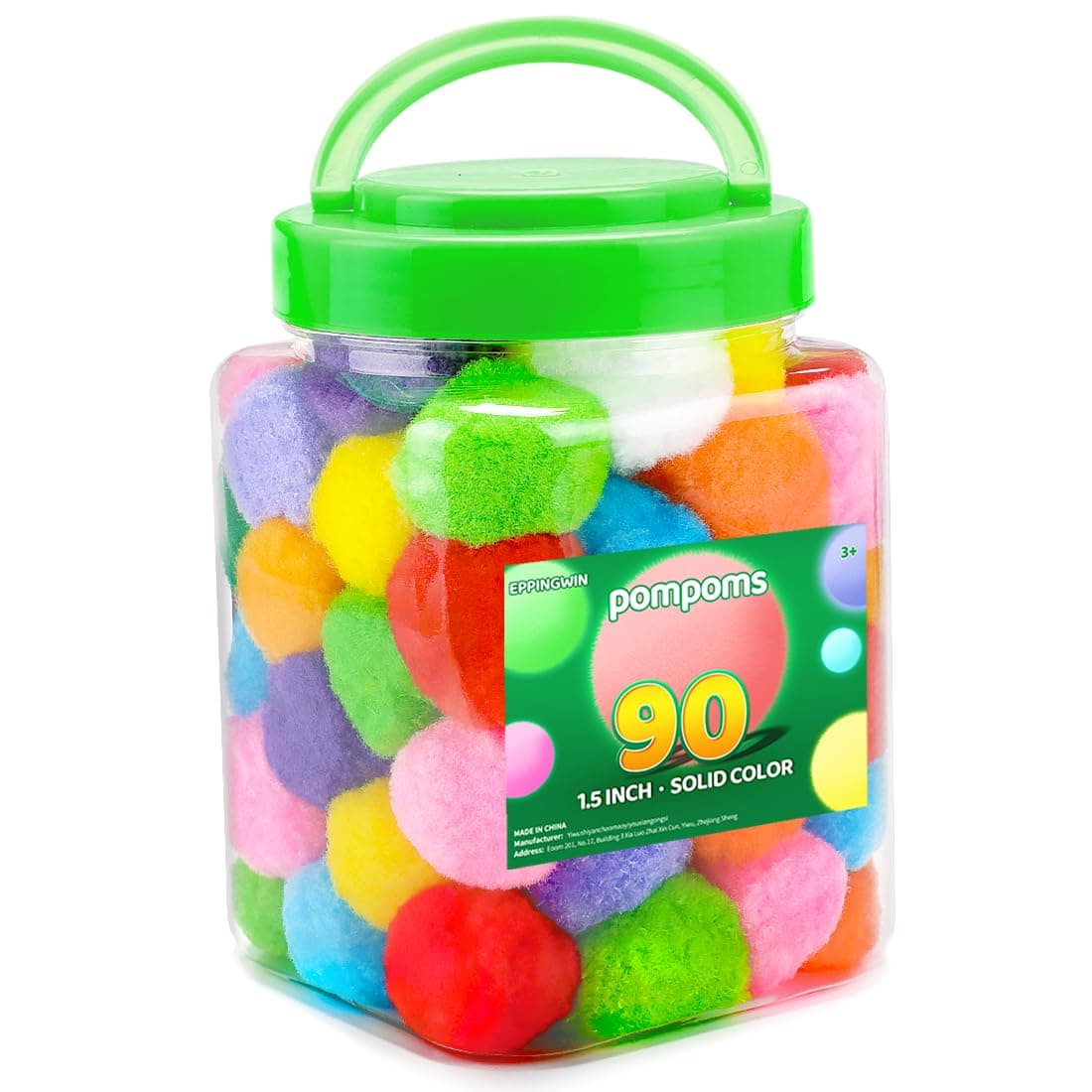 Eppingwin 90PCS Multicolor Pom Poms, 1.5 Inch Soft Pompoms for Crafts, Assorted Colors Big Pom Pom for Arts & Crafts DIY Projects (Multi-Colored)