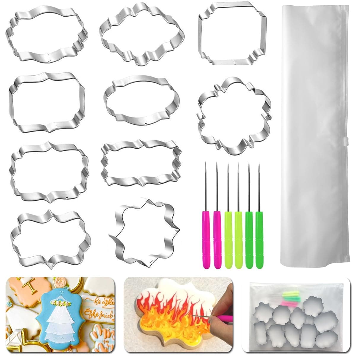 Frame Cookie Cutters 10 Shapes with 6 Cookie Scribes & 1 Storage Bag, Plaque Fondant Dough Cutters Baking Tools Kitchen Accessories for Home Daily Holiday Party