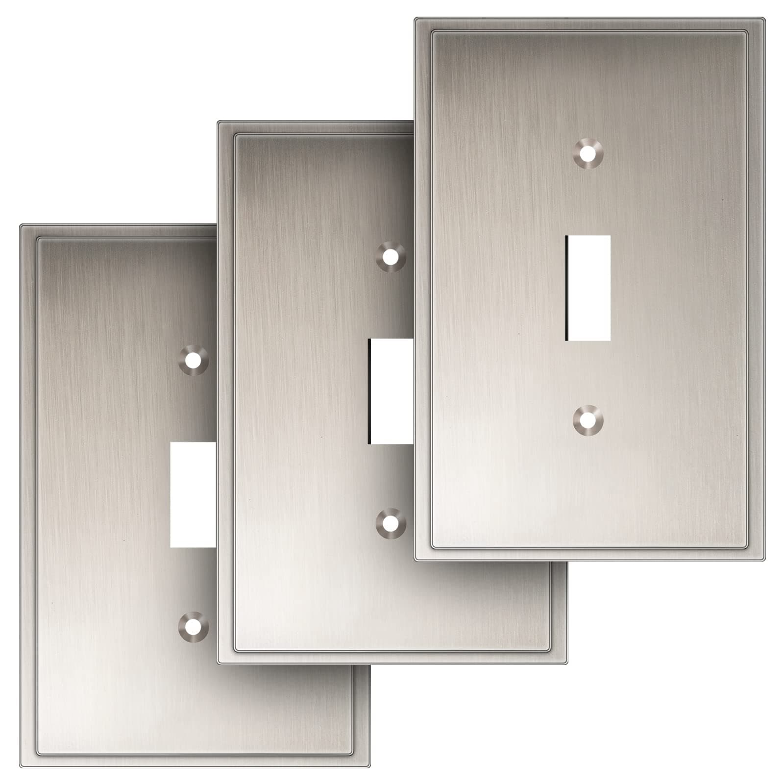 Henne Bery Soft Modern Decorative Wall Plate Switch Plate Outlet Cover (Single Toggle 3PK, Satin Nickel)