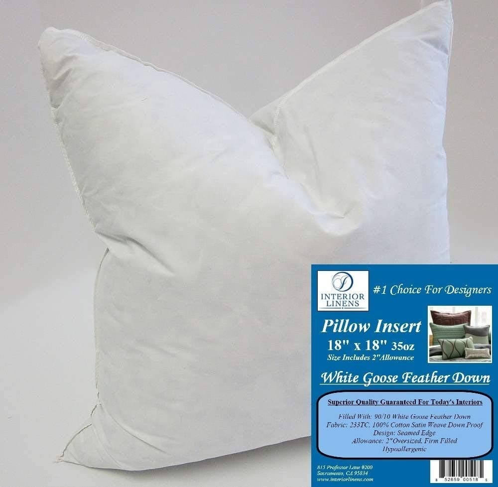 18" x 18" 35oz. Pillow Insert: 10/90 White Goose Feather Down - 2" Oversized & Firm Filled (Actual Size: 20"x20")