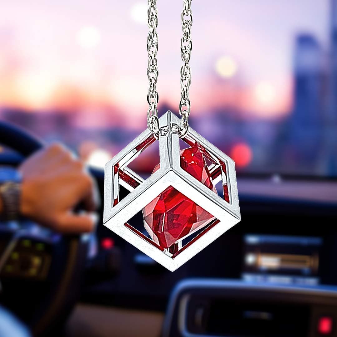 Red Diamond Cube Crystal Rear View Mirror Charms, Accessories, Sun Catcher Hanging Ornament w/Chain, Charm & Home Ornament (Red)