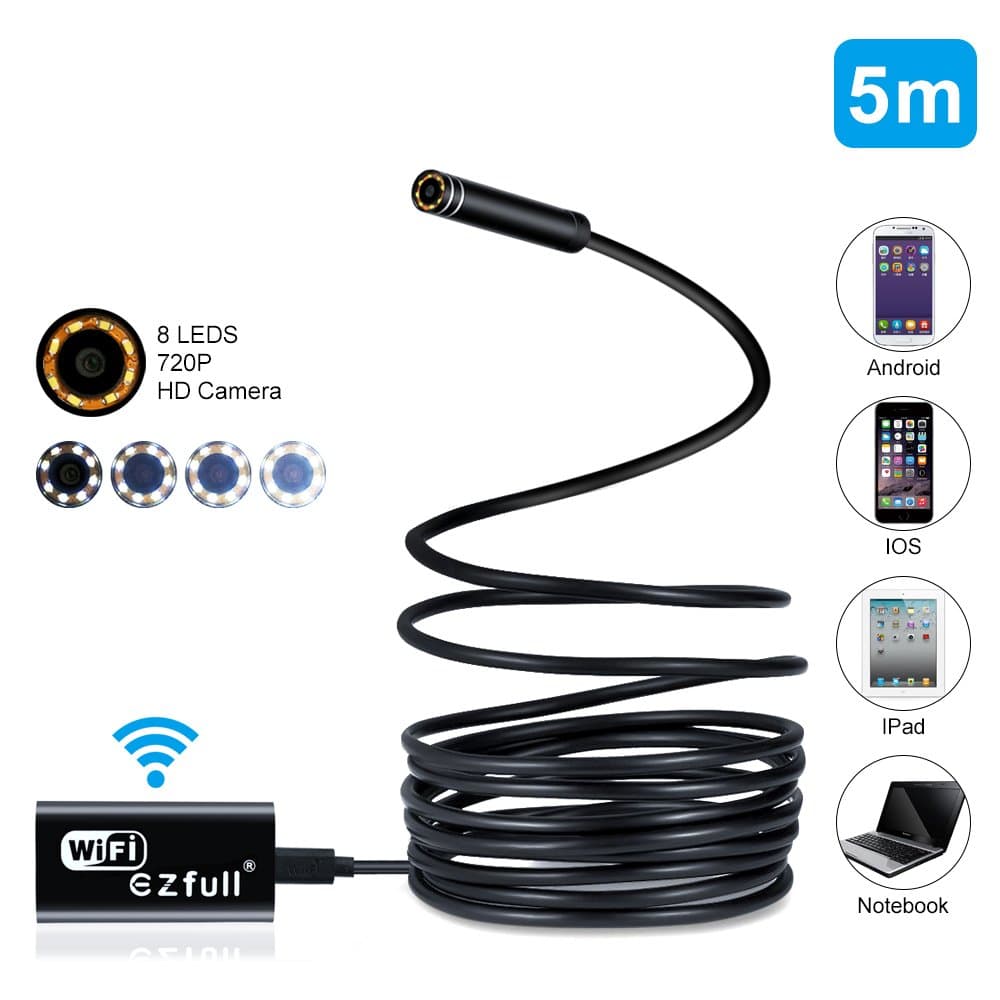 MAXFUL Inspection Camera Endoscope Borescope WiFi 2.0 MP 720P HD Borescope Snake Camera with 8 Adjustable Led Light for IPhone/Android/Windows(Vista/XP/WIN7/WIN8/WIN10)