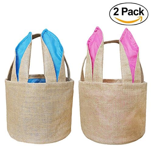 Easter Bunny Basket Egg Baskets for Kids with Cross-Stitch Line Burlap Gift Bag Round Tote Jute Bags for Embroidery DIY Daily Use (2 Pack, Pink and Blue) FH05