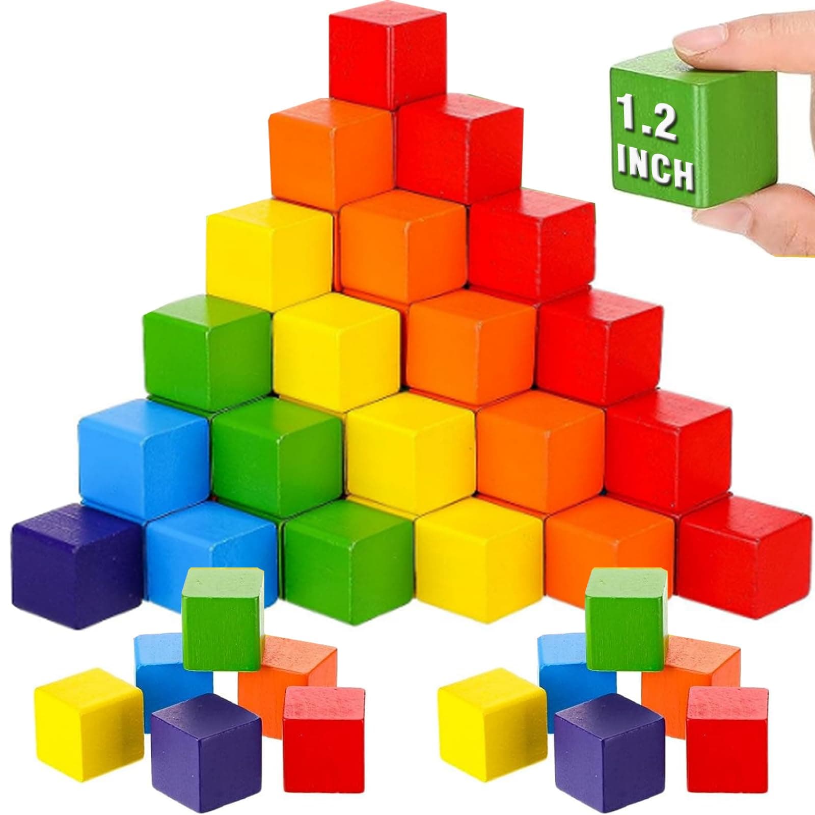Libima 100 Pcs 1.2 Inch Wooden Building Blocks Stacking Game, Rainbow Wood Blocks Set Square Colorful Wooden Cubes Counting Large Learning Educational Toys for Math Boys Girls