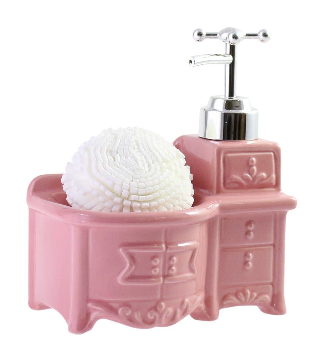 Pretty Ceramic Soap Dispenser with Sponge Holder - Pink