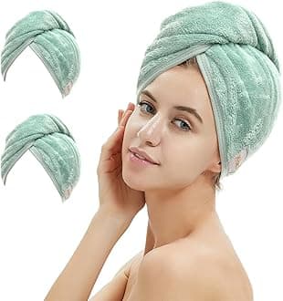 M-bestl 2 Pack Microfiber Hair Towel Wrap,Hair Drying Towel with Button, Hair Towel Turban,Head Towel to Dry Hair Quickly (Green&Green)