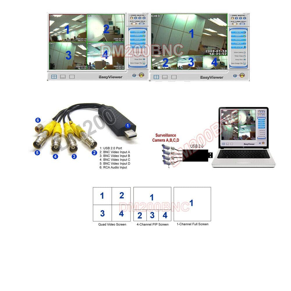 Converter DVR Adapter Camera Video Switcher 4-Channel BNC/RCA To USB