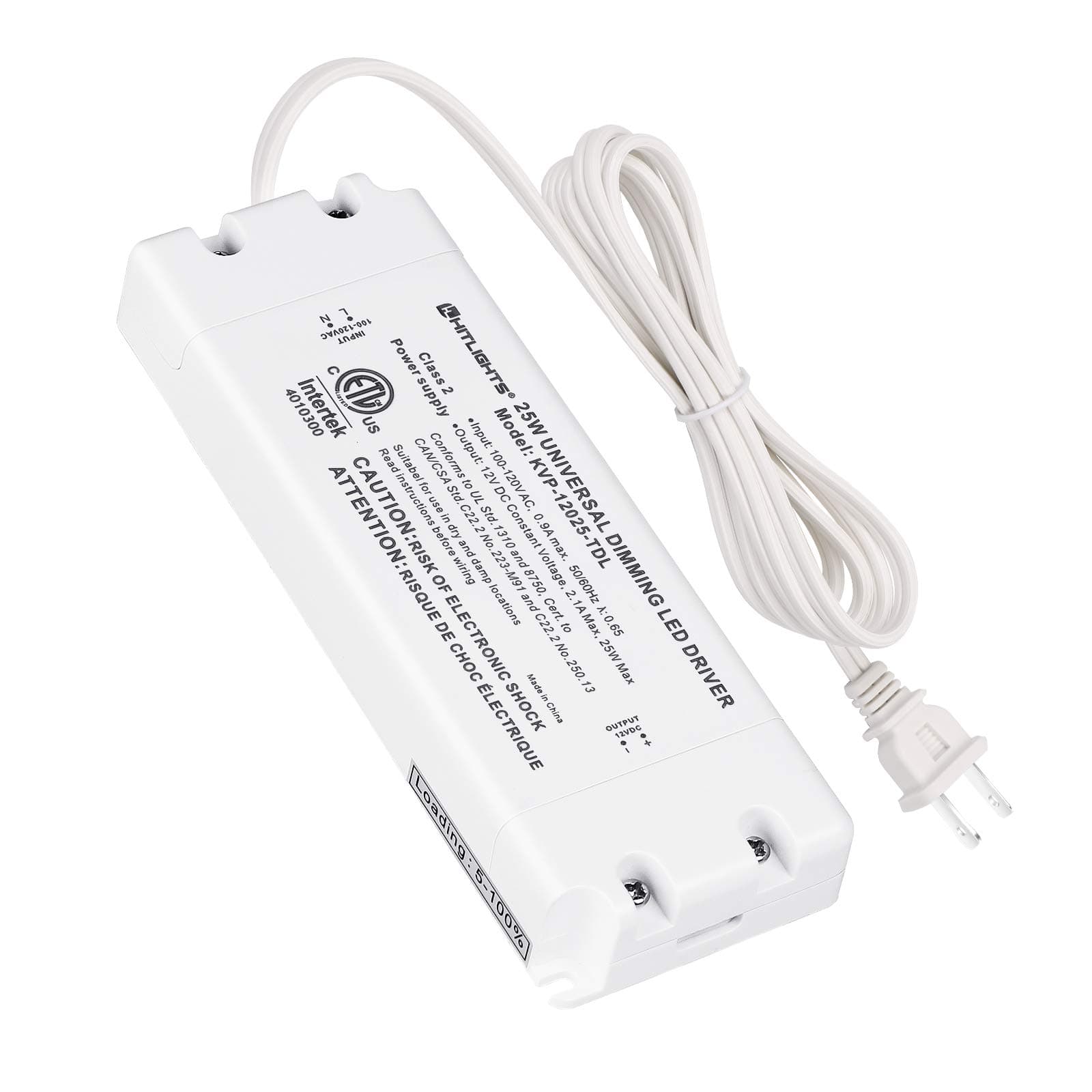 HitLights 25 Watt Dimmable Driver, Electric LED Driver - 110V AC-12V DC Transformer. Compatible with Lutron, Leviton and More for LED Strip Lights, Constant Voltage LED Products