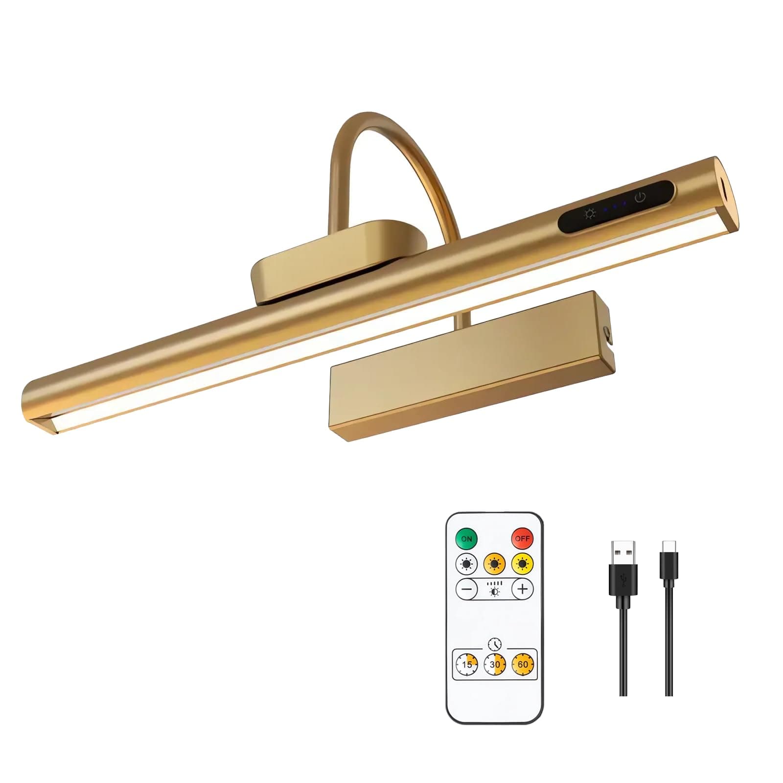 Dimmable Cordless Picture Light with Controller and Timer, Rechargeable 5000mAh Battery Wall Sconce for Wall Pictures, Gallery Artwork, Paintings, Portraits, Dartboards (Gold)