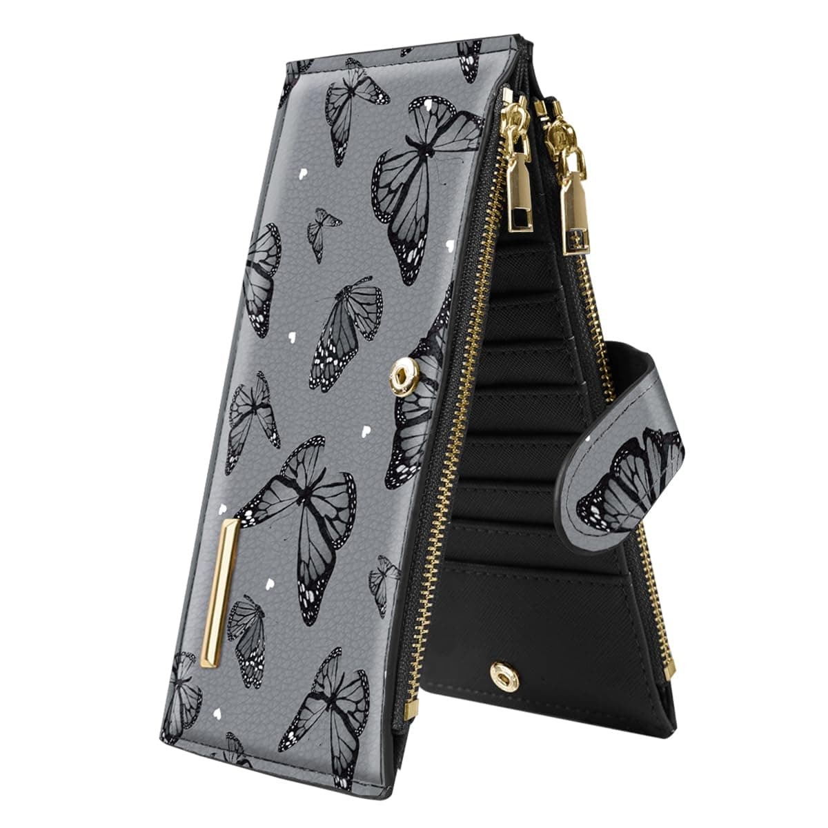 Womens RFID Blocking Large Capacity Wallet Multi Card Organizer Bifold Wallet for Women with Zipper Pocket, Black Butterflies