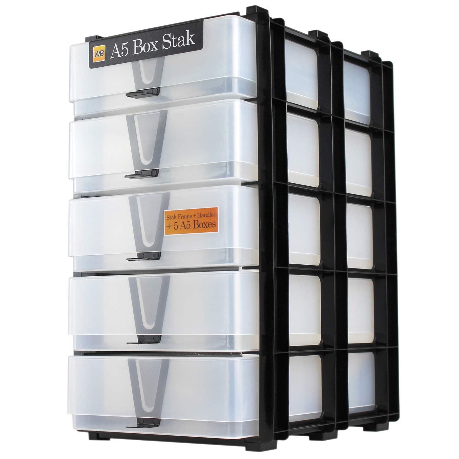 A5 Box Stak Craft Storage Unit Including 5 Plastic A5 Boxes with handles (Clear)