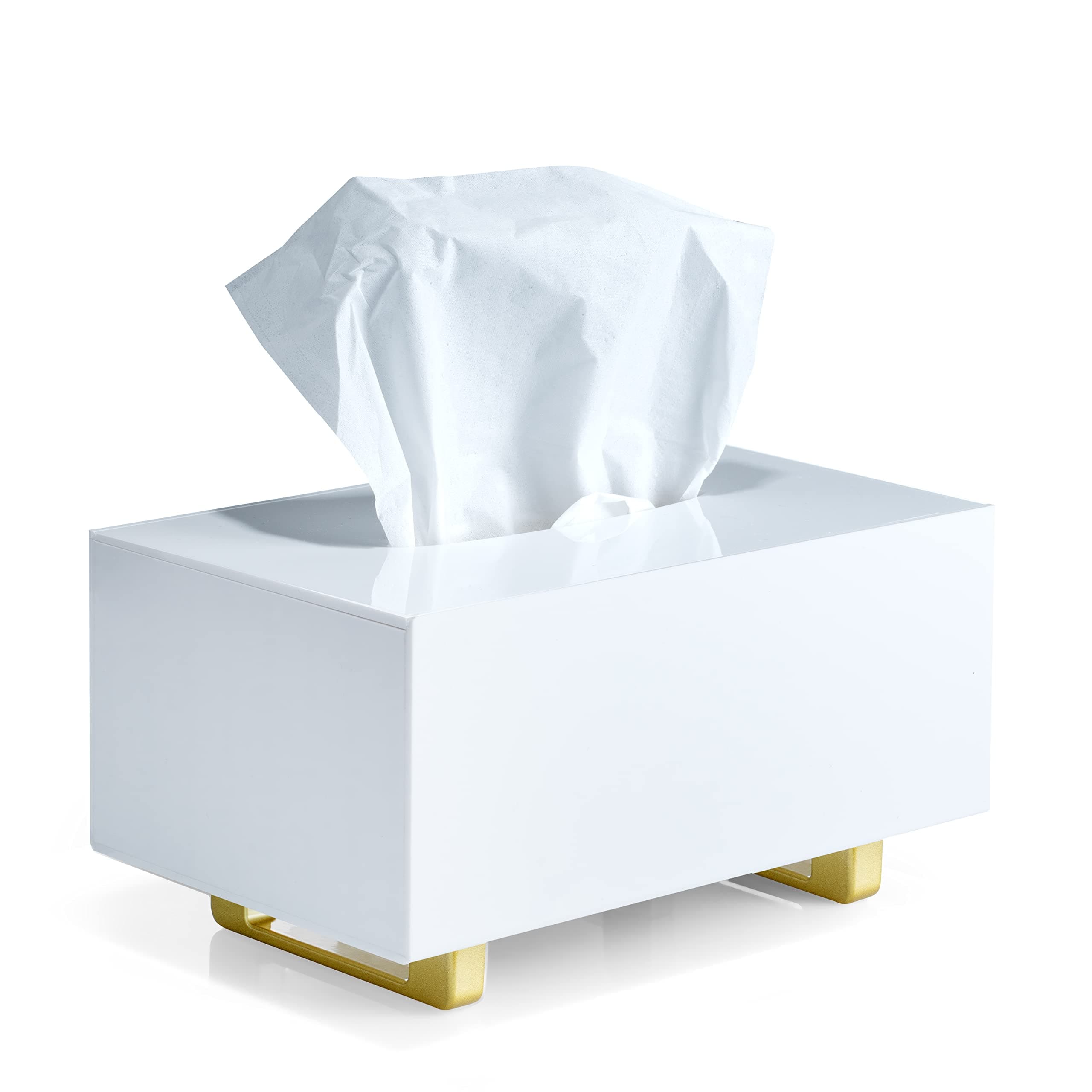 YoBa Thick Acrylic Tissue Box Holder Rectangular White Tissue Box Dispenser with Gold Plated Aluminum Legs for Bathroom, Kitchen, Bedroom, Office, Hotel and Restaurant