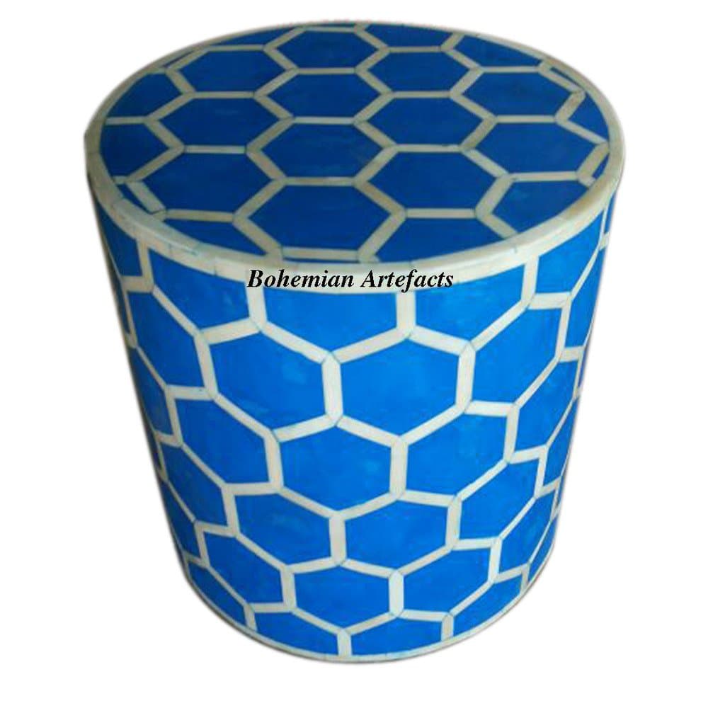 BOHEMIAN ARTEFACTS Bone Inlay Round Honey Comb Side Table