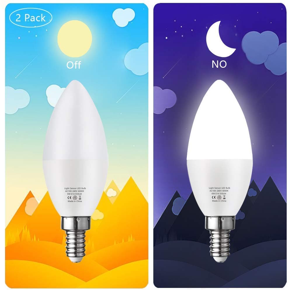 Dusk to Dawn Light Bulb,E14 Candelabra Sensor Light Bulbs Auto On/Off 6W 550Lm Daylight White 6000K for Indoor/Outdoor Yard Porch Patio Garage Garden,Pack of 2