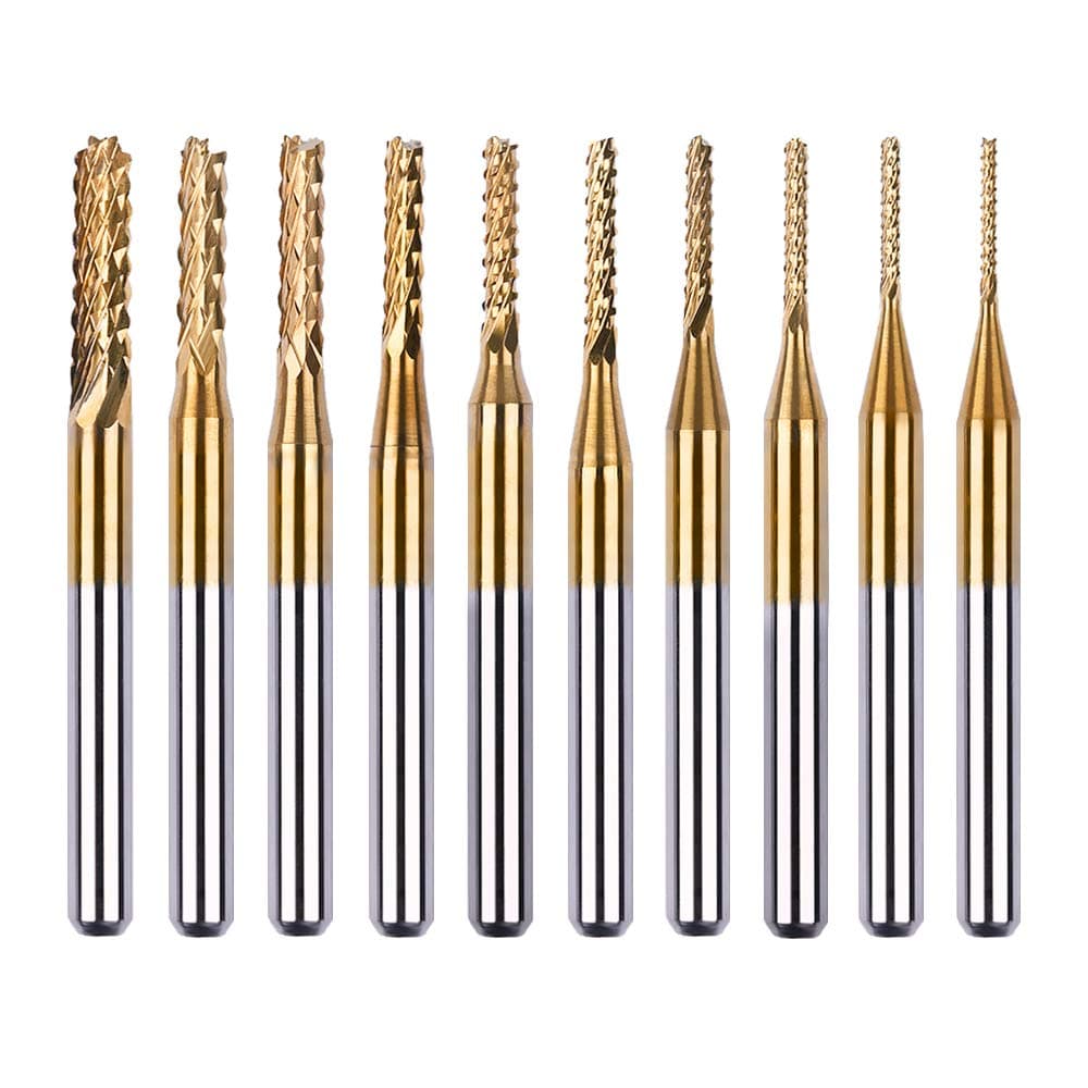 Mesee 10Pcs Titanium Coat Carbide End Milling Engraving Bits, 1/8 inch Shank CNC Rotary Burrs Bit Set for PCB SCM Circuit Board Plastic Fiber Wood Rotary Drilling Tool Accessory, 0.8mm-3.175mm