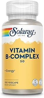 SOLARAY Vitamin B Complex 50 mg - Cellular Energy Vitamins - Metabolism and Nerve Health Support with Vitamin B12, Vitamin B1, B6, Niacin, Folic Acid, Biotin and Other B Vitamins - Vegan, 100 VegCaps