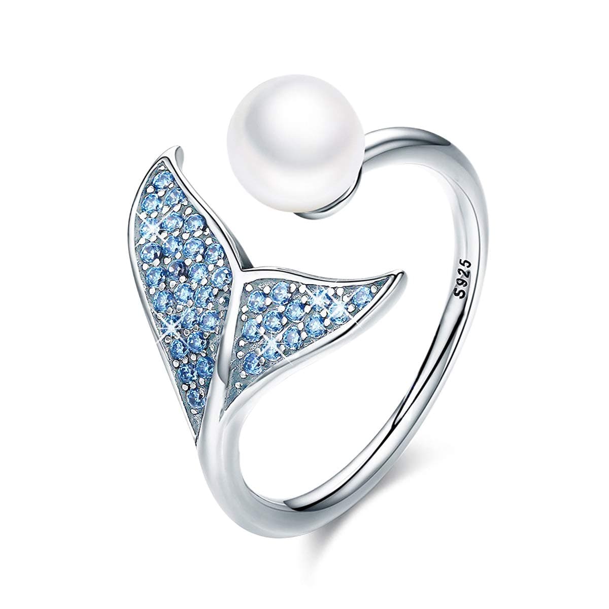 FOREVER QUEENMermaid Tail Ring, S925 Sterling Silver Dolphin Tail Adjustable Finger Ring for Women Girls Open Ring with Blue Cubic Zirconia& Shell Pearl Valentine's Day Mother's Day Gift