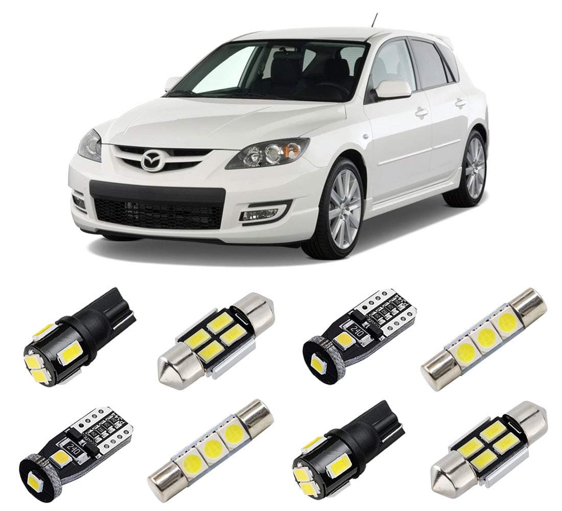 White Interior LED Lights Kit for Mazda 3 Hatchback 2003 2004 2005 2006 2007 2008 2009 Super Bright 6000K LED Interior Light Bulbs Package + License Plate Lights and Install Tool