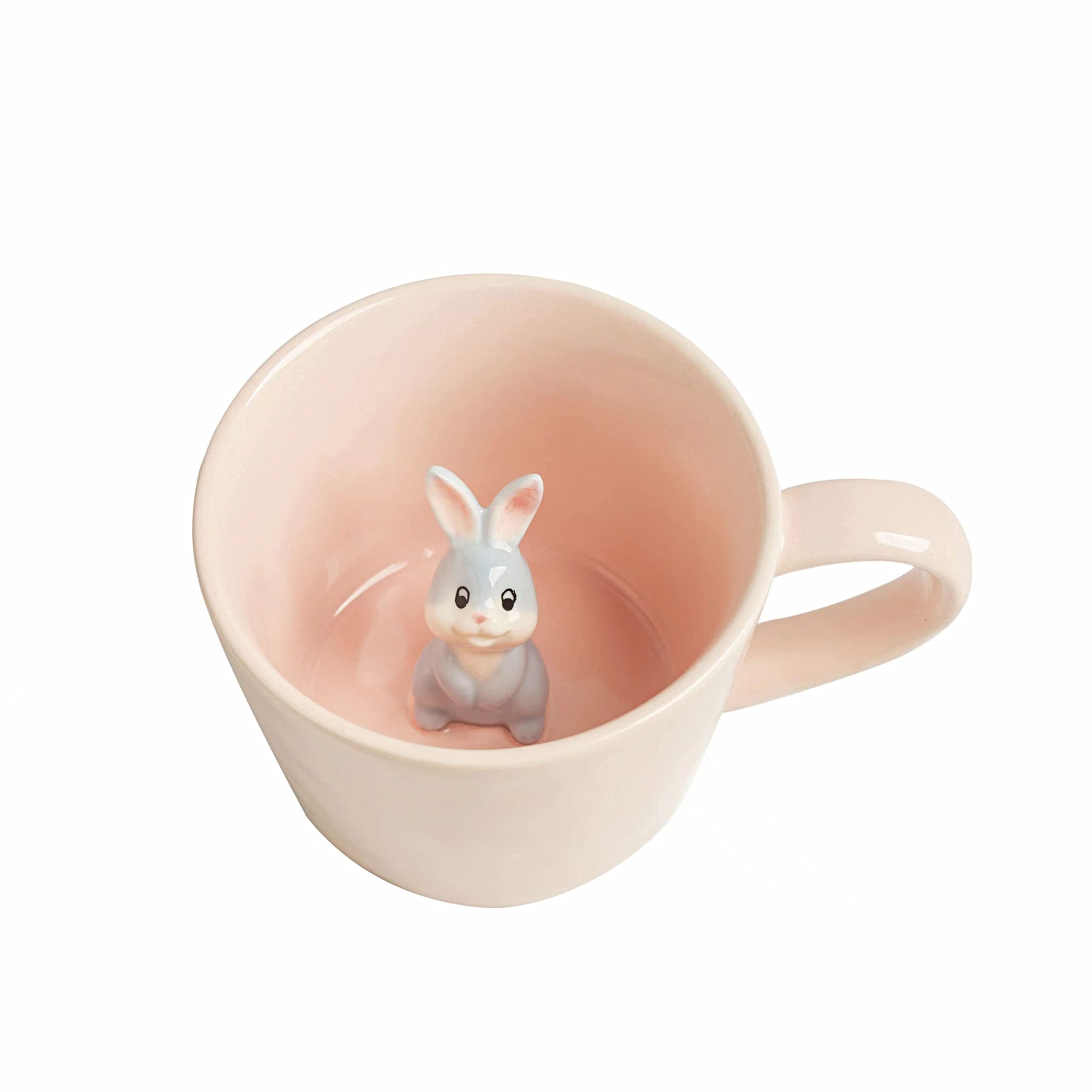 DIHOclub Rabbit Ceramic Cup Hidden 3D Animal Inside Mug,Cute Cartoon Bunny Handmade Figurine Mugs,Easter Gifts,12 OZ (Pink)