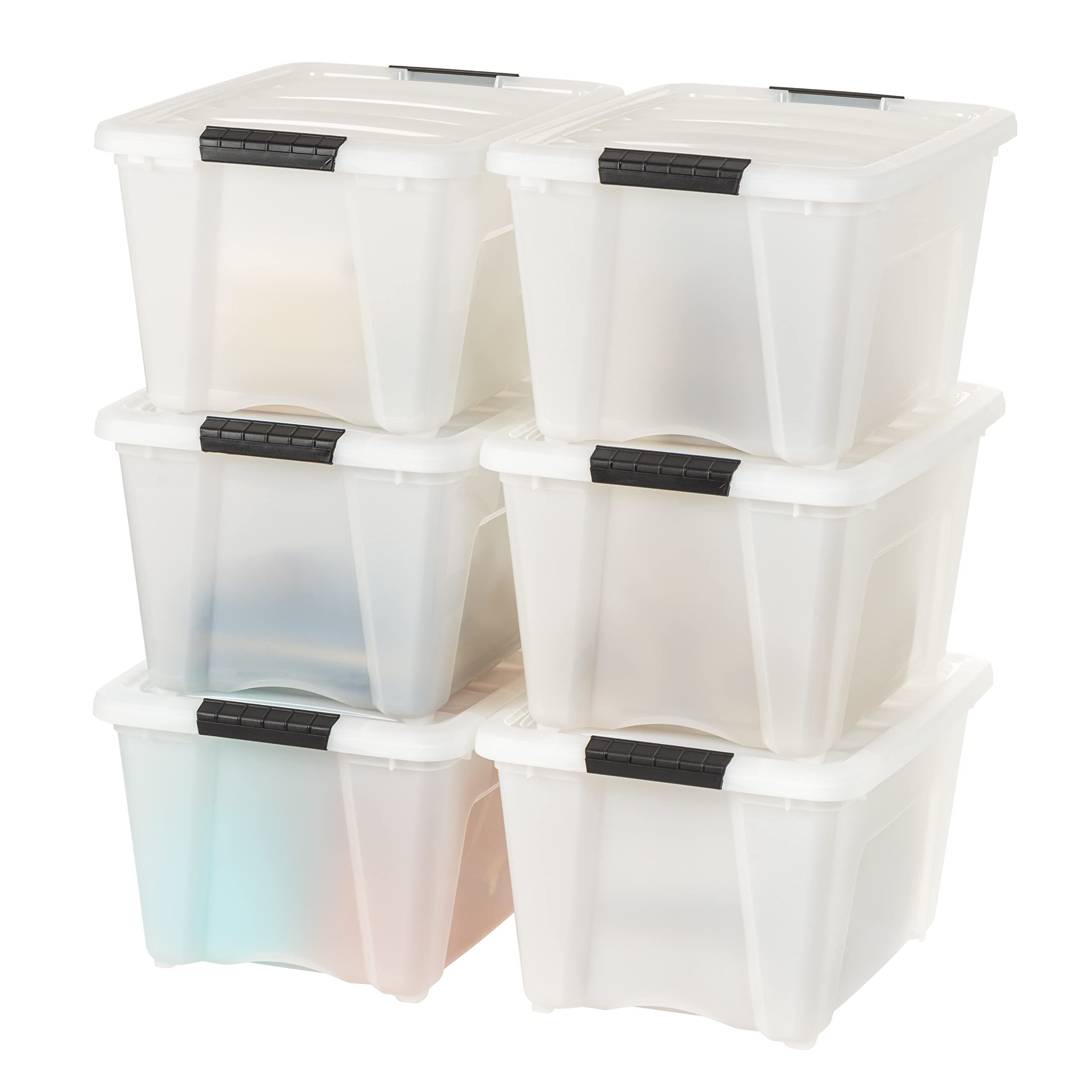IRIS USA 32 Qt Stackable Plastic Storage Bins with Lids, 6 Pack - BPA-Free, Made in USA - Discreet Organizing Solution, Latches, Durable Nestable Containers, Secure Pull Handle - Pearl