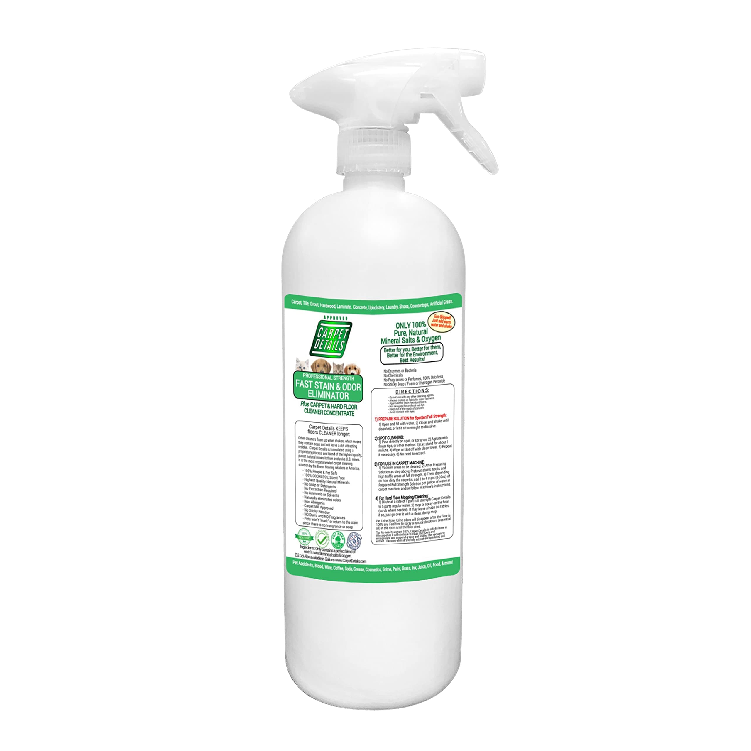 Carpet Cleaner Spray- Safe Natural Mineral Based Carpet Cleaner Solution- Use on Tile, Grout, Laminate and Wood Floors, and Carpet- Perfect Pet Carpet Cleaner- 32 ounce- Made in the USA