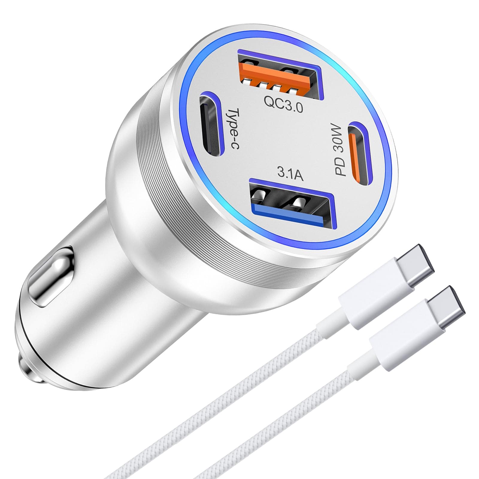 65W iPhone 15/16 Pro Max USB C Car Charger, 4-Port USB-C&USB-A Car Charger Adapter Fast Charging USB C Cigarette Lighter Adapter+6FT Braided USB C Cable for iPhone 15/16/16 Plus/16 Pro/16 Pro Max,iPad