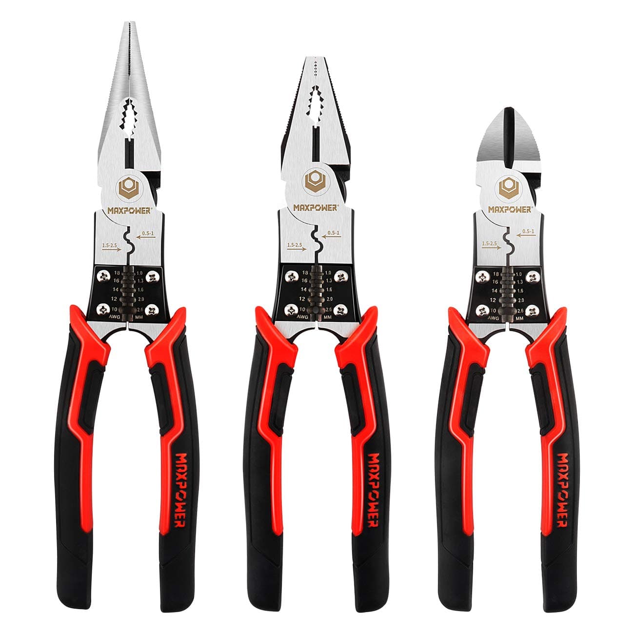 MAXPOWER 3-in-1 Multifunctional Pliers Set, Wire Stripper, Crimper, Cutter, Long Nose Pliers, Diagonal Side Cutters, Linesman Plier - 8 inch