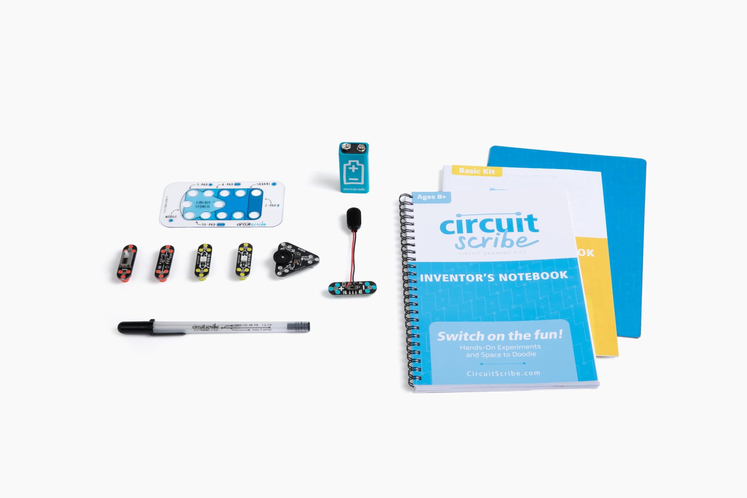 Circuit Scribe Kit: 1 Pen, 2-3 Bi-LED, 1 RGB LED, 1 9v Battery Adapter, Basic Workbook, Circuit Stencil, and Steel Sheet, Gift for Inventors