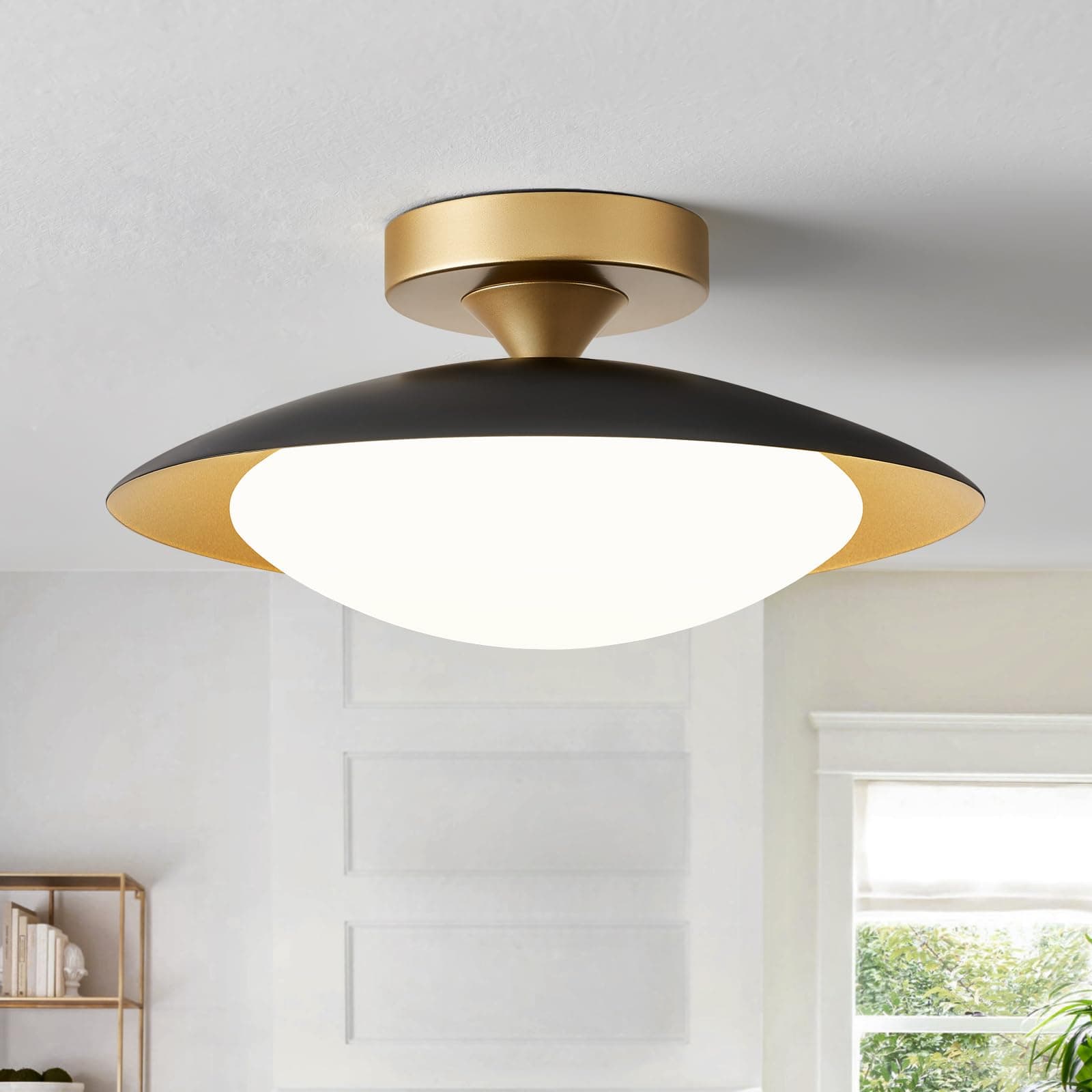 Dimmable Modern Mid-Century Ceiling Light, Black and Gold LED Semi Flush Mount Ceiling Light, 5CCT 2700K-6000K Lighting Fixture Ceiling Lamp with Glass Shade for Bedroom Hallway Kitchen, 12.6in