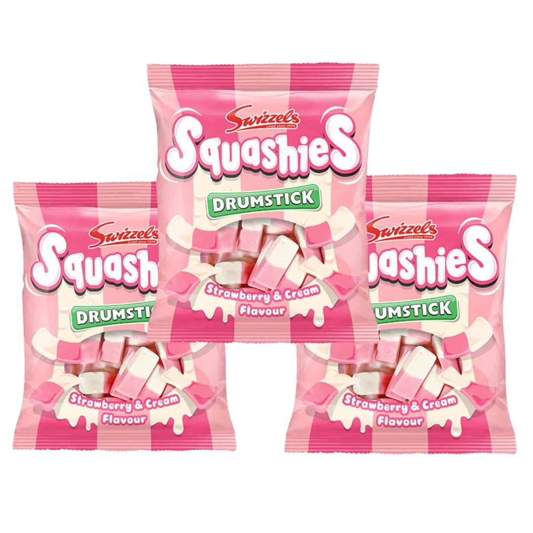 Squashie DrumStick Candies Variety Multipack - 3 Pack BUNDLE - (120g each) - IMPORTED FROM THE UK (Strawberry and Cream 3 PACK)