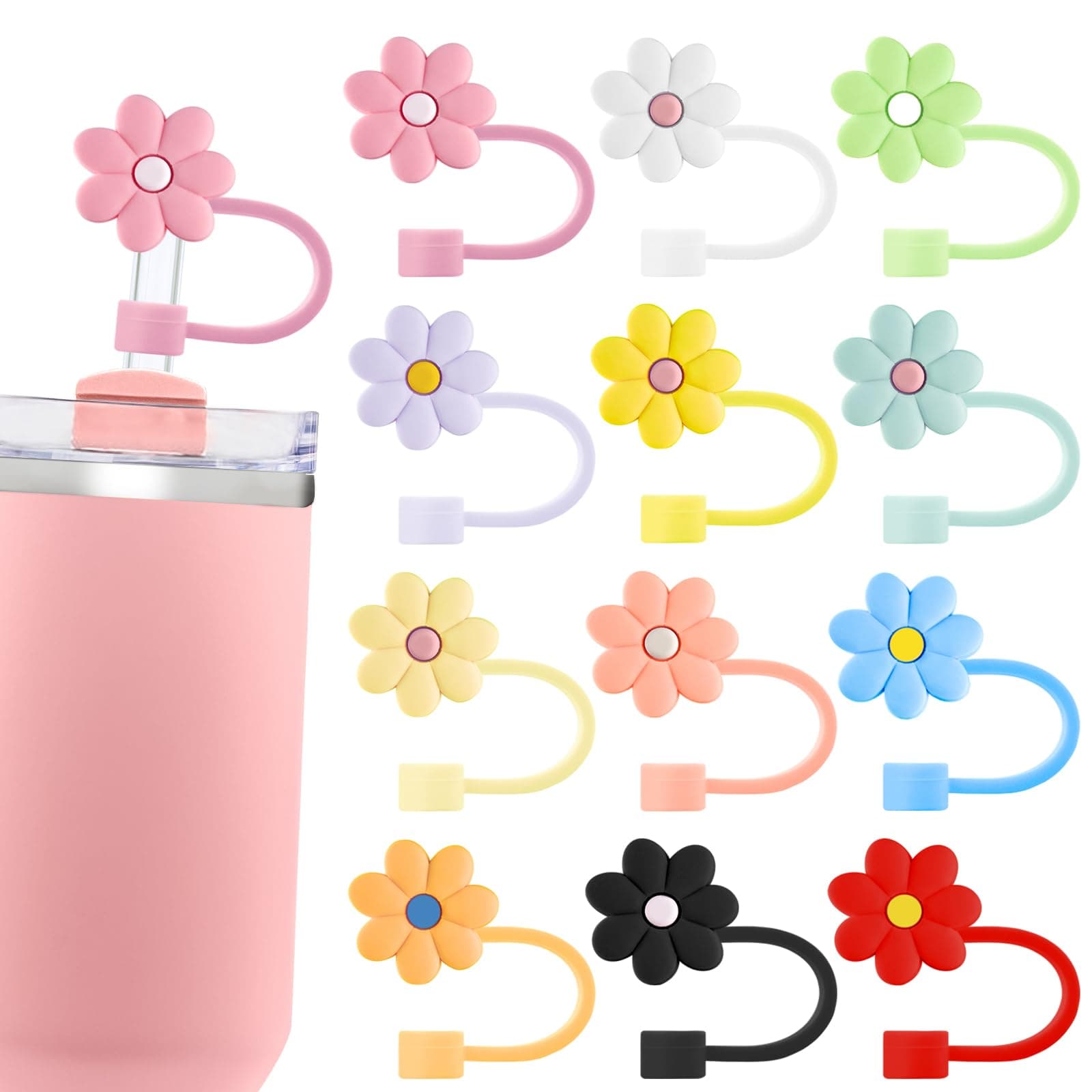 12PCS Silicone Straw Covers Cap Compatible with Stanley 30&40 Oz Cup, 10mm Cute Flower Straw Toppers for Tumblers, Dust-Proof Drinking Straw Caps for Reusable Straws Tips Lids