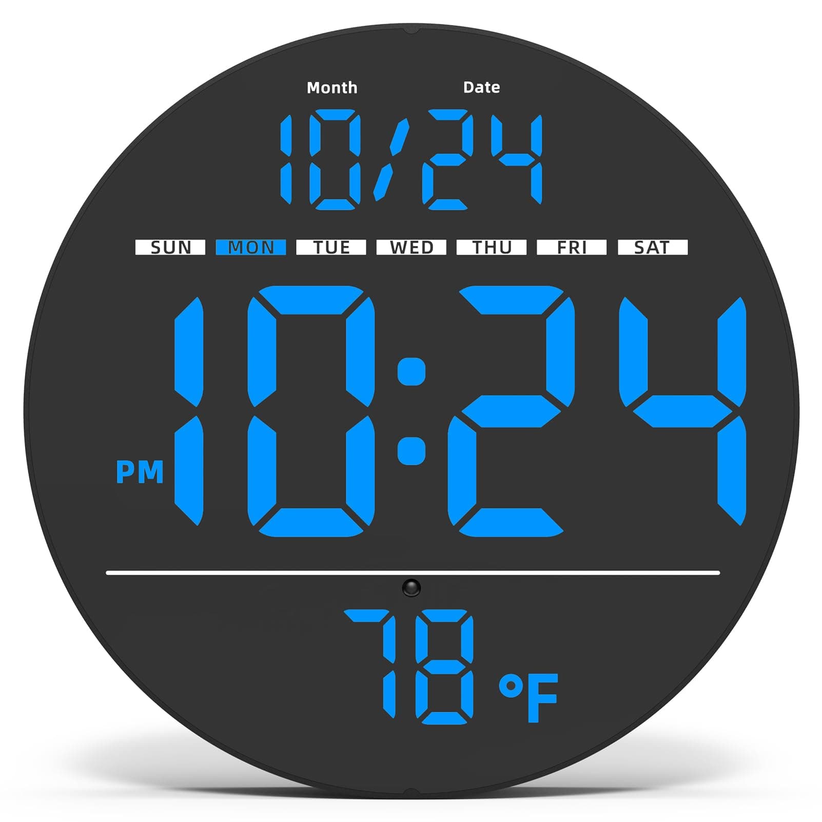 Digital Wall Clock with Large LED Display, Date, Temperature, Auto-Brightness | Small [PLUG-IN] Clock | Modern Electric Wall Clock for Bedroom, Classroom, Living Room, Home, Office, Farmhouse - Blue