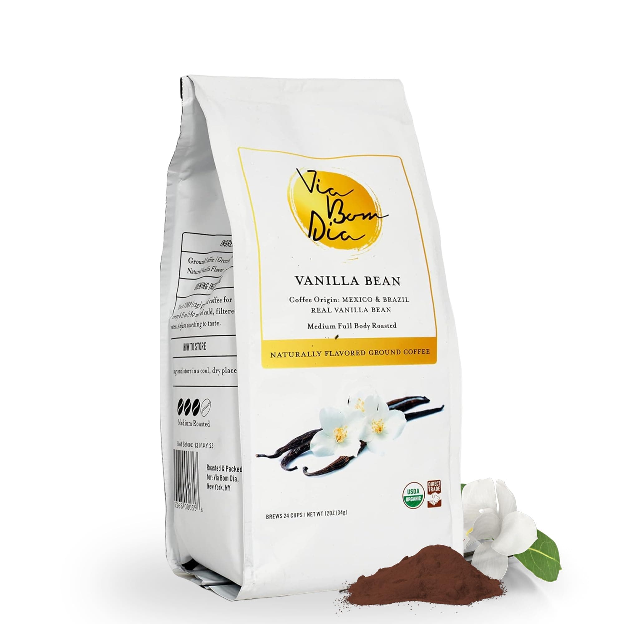 Via Bom Dia 100% Naturally Flavored Ground Coffee, Vanilla Bean, Medium Roast, No Artificial Flavors, 12 oz. Bag Great Stocking Stuffer for Coffee Lover