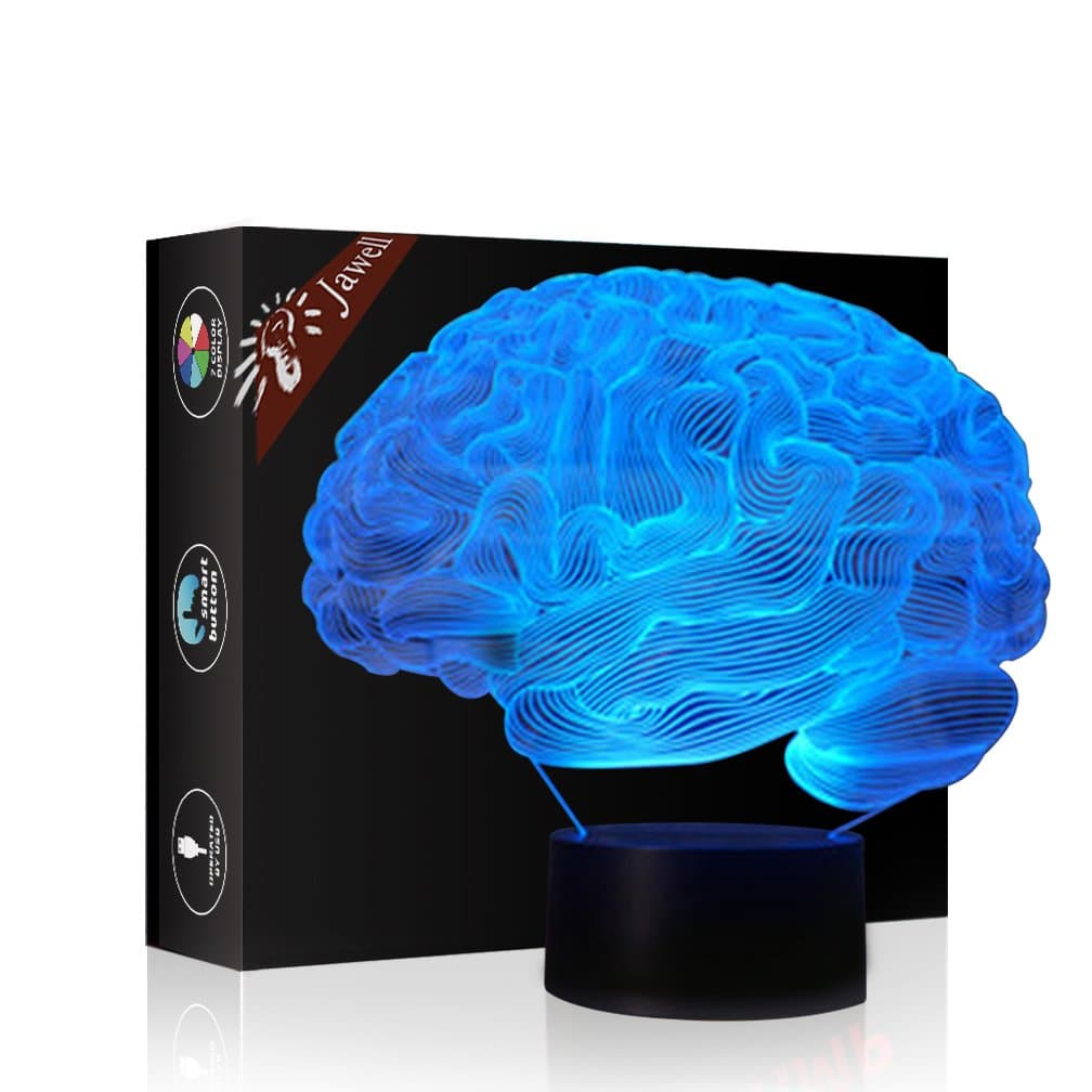 Christmas Gift Brain 3D Illusion Night Light Beside Table Lamp, Jawell 7 Colors Auto Changing Touch Switch Desk Decoration Birthday Present with Acrylic Flat & ABS Base & USB Cable