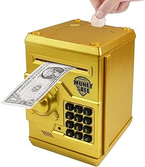 Piggy Bank Electronic Mini ATM for Kids Baby Toy, Safe Coin Banks Money Saving Box Password Code Lock for Children,Boys Girls Best Gift (Gold)