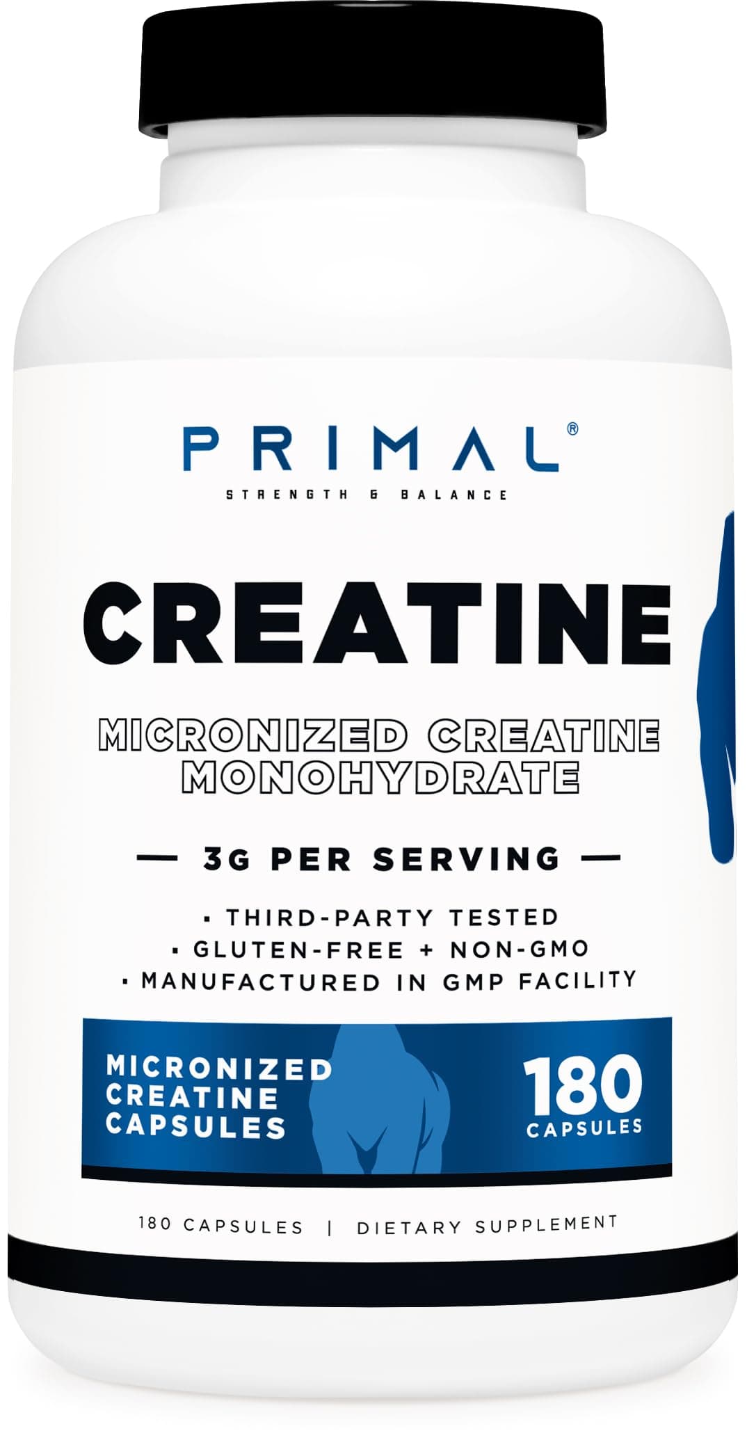 Primal Creatine Monohydrate (3,000 Mg, 180 Caps) - Micronized Creatine Supplement, 750mg Per Capsule, Great for Preworkout and Recovery - Gluten-Free, Non-GMO