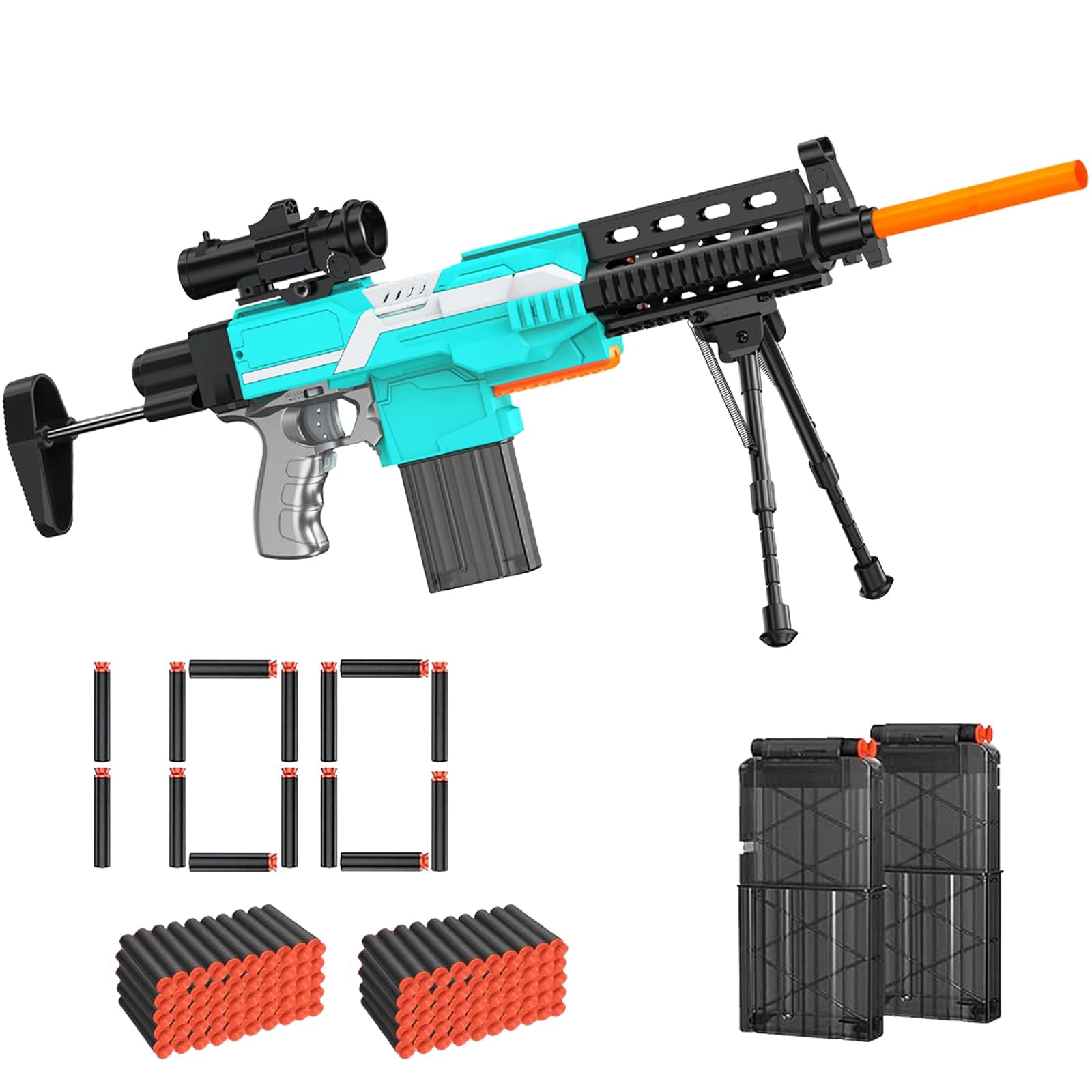 Automatic Toy Gun for Nerf Guns Bullets - 3 Modes Toy Foam Blasters with Bipod, 2 Magazine Clips, 100 Bullets, Automatic Machine Gun for Boys Kids Age 6-12, Gifts for Birthday Christmas
