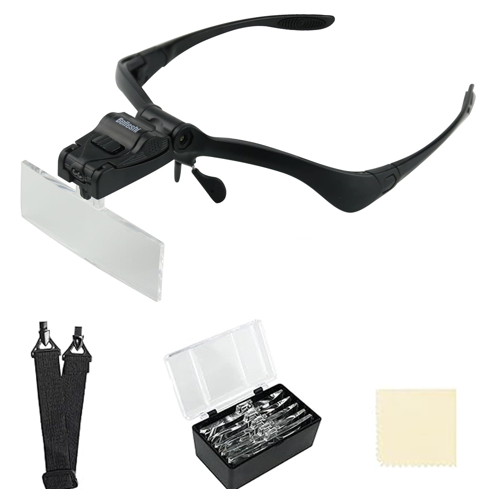 Beileshi 5Lens Glass Magnifying Visor Magnifier Glasses With 2 LED Professional Jeweler's Loupe Light Bracket and Headband are Interchangeable