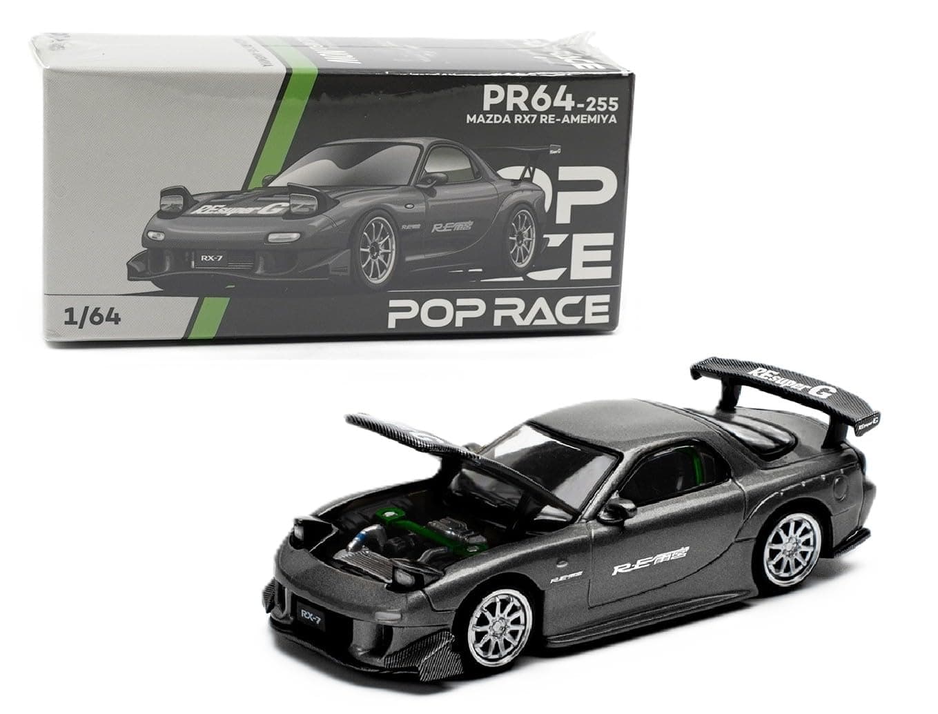 1:64 Scale Diecast Model Car Compatible with Mazda RX7 RE Amemiya Gun Metal with Carbon Top Limited Edition by Pop Race PR640255