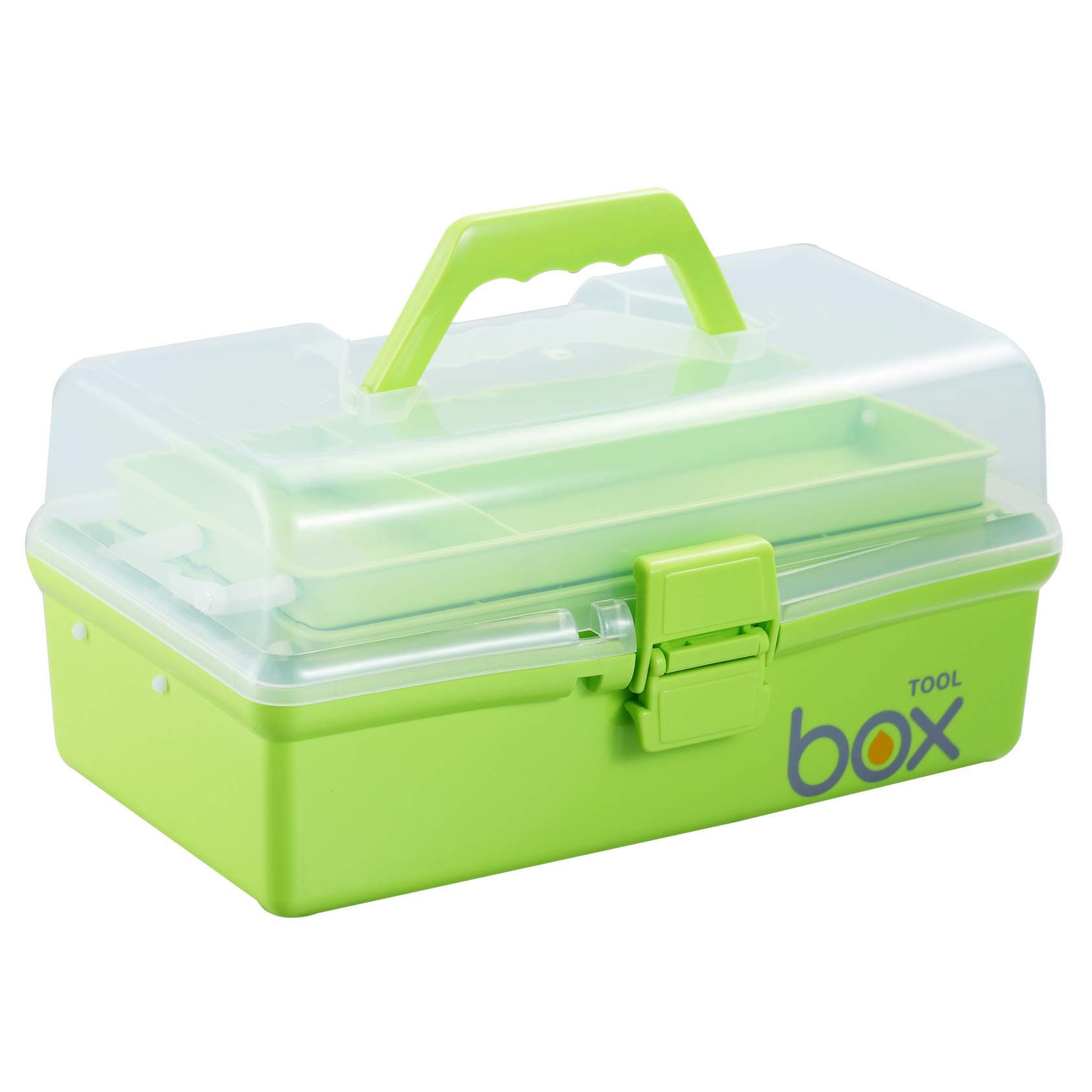 12'' Three-Layer Clear Plastic Storage Box/Tool Box, Multipurpose Organizer and Portable Handled Storage Case for Art Craft and Cosmetic (Green)