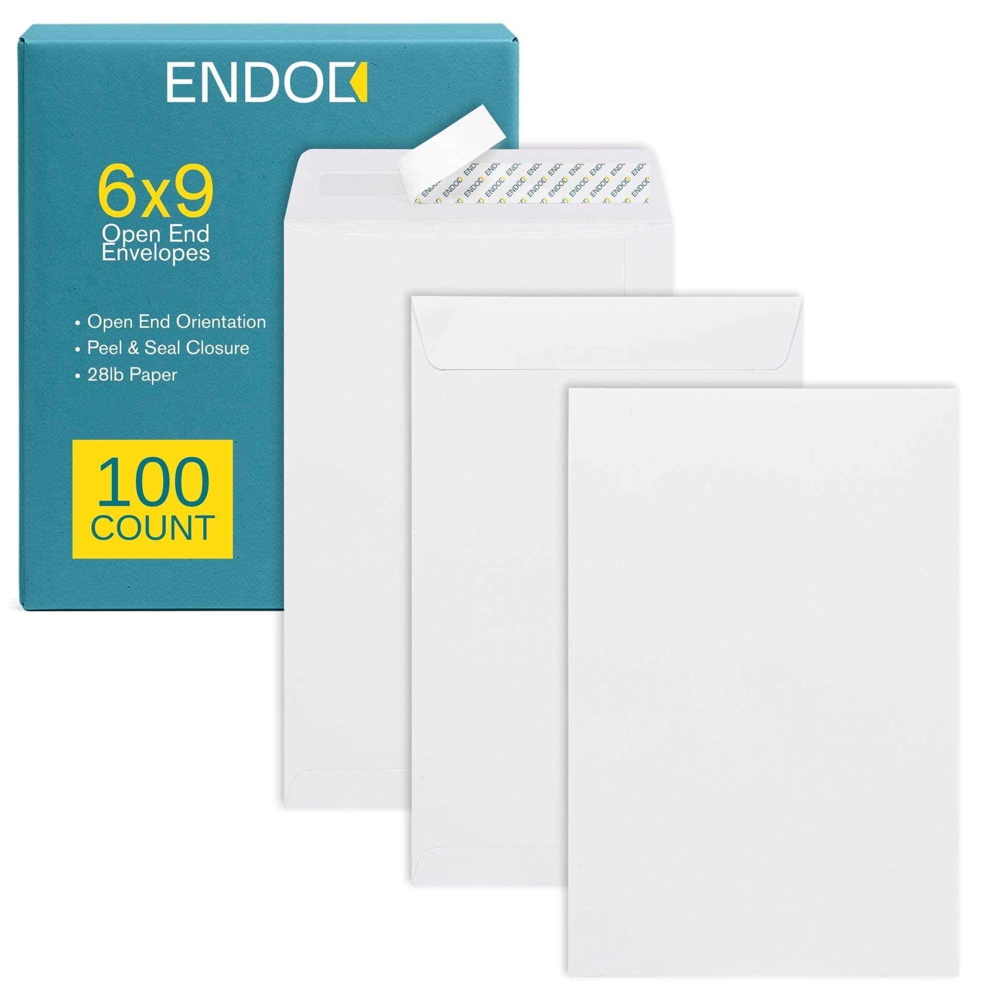 EnDoc 6x9 Open End Envelopes Self Seal - 100/pack - Peel & Seal Catalog Envelopes for Mailing, Cards, Catalogs, Office, Business, Legal, School - White 28lb Heavyweight Paper