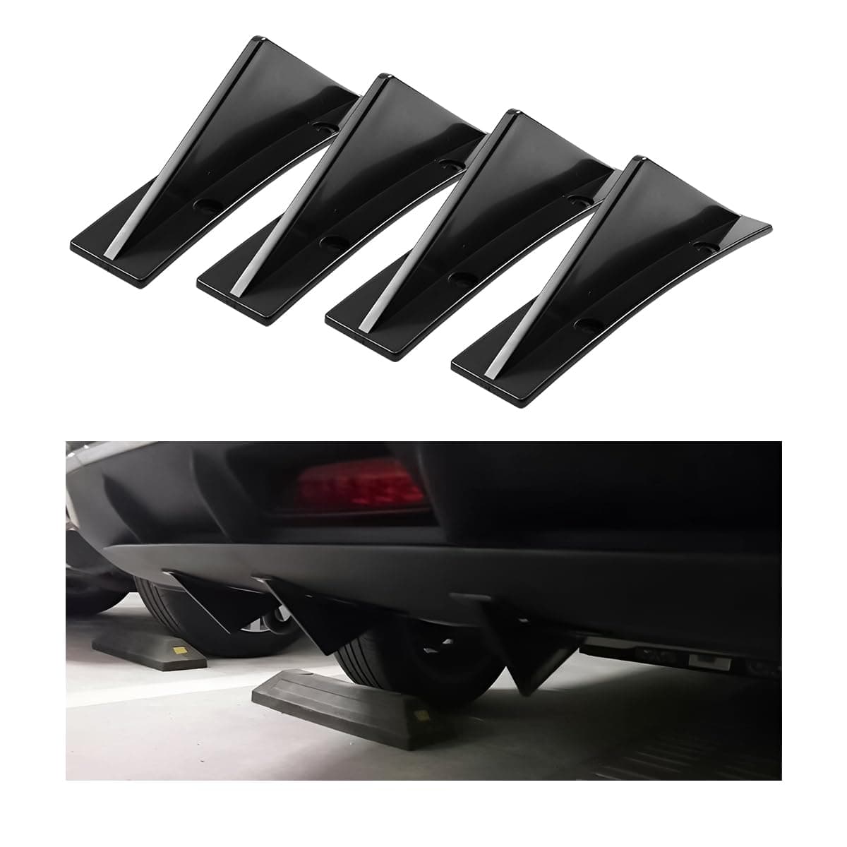 AICEL 4pcs Car Rear Lower Bumper Wing Lip Diffuser, Anti-Crash Spoiler Shark Fin Protector, Rear Bumper Splitter Lip Wing with Screw, Universal Auto Decoration for Car SUV Truck (Curved/Black)